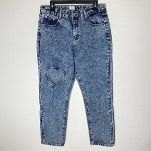 Tal Clothing Acid Wash Blue High Rise Cropped Jeans W Heart Cutout 31